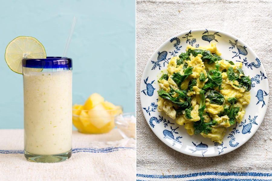 Pineapple-coconut smoothies & Kale scramble with chermoula