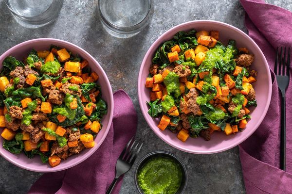 Merguez-spiced pork and sweet potato hash with apple and chimichurri