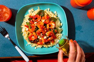 Spicy Greek shrimp with tomatoes, feta, and orzo