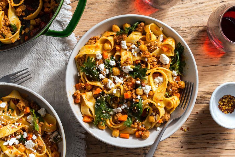 Fresh pappardelle with chorizo, chickpeas, and ricotta salata