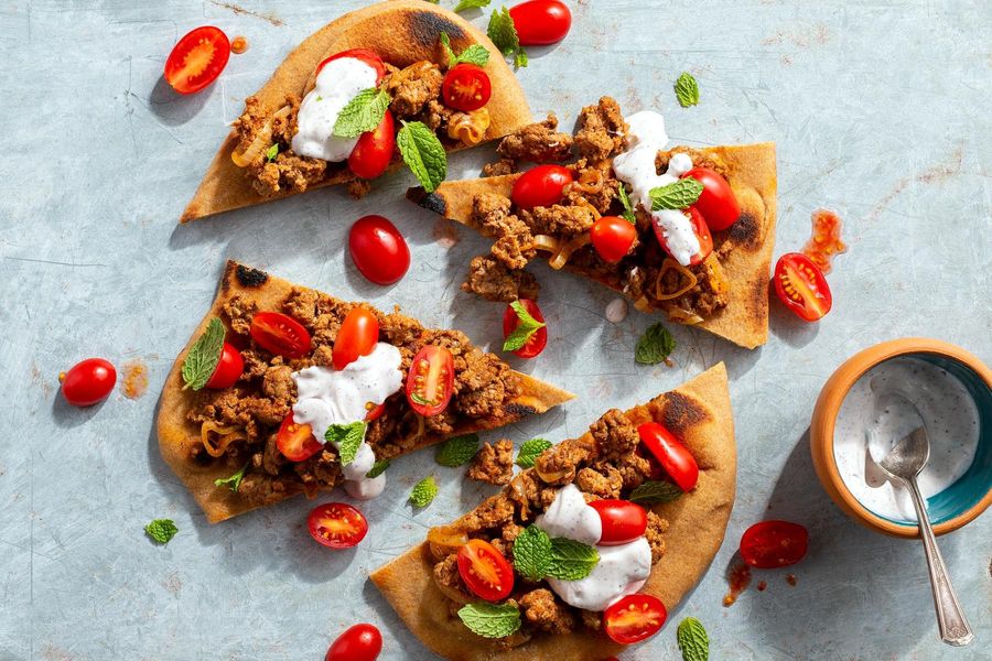 No-bake lamb flatbread with tomatoes and sumac yogurt