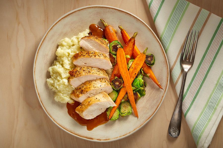 Chicken Breasts With Roasted Delicata Squash, Wilted Kale, and