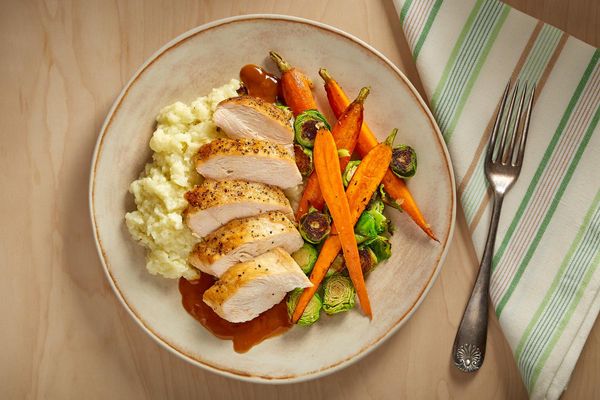 Chicken with roasted Brussels sprouts and truffle cauliflower mash