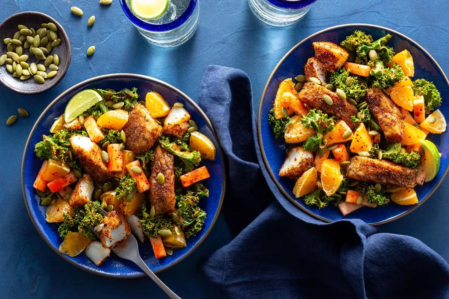 Blackened pollock with jicama-kale salad and roasted pumpkin seeds