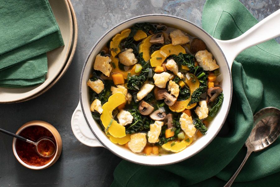 Squash and kale soup with Urfa chile oil and your choice of protein
