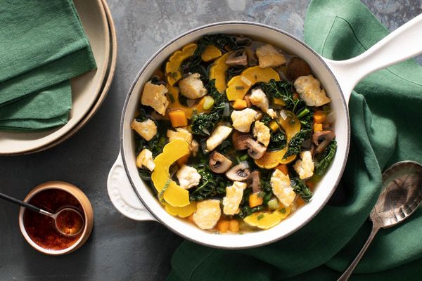 Autumnal turkey soup with delicata squash, kale, and Urfa chile oil