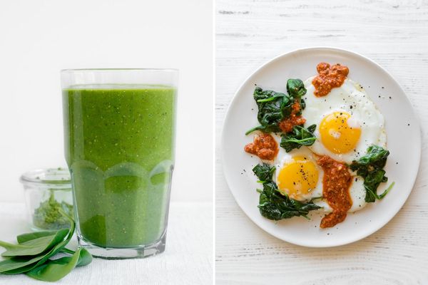 Mango-matcha smoothies & Fried eggs with spinach and romesco