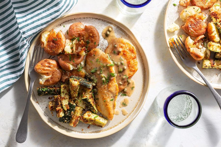 Chicken piccata with roasted zucchini and smashed new potatoes