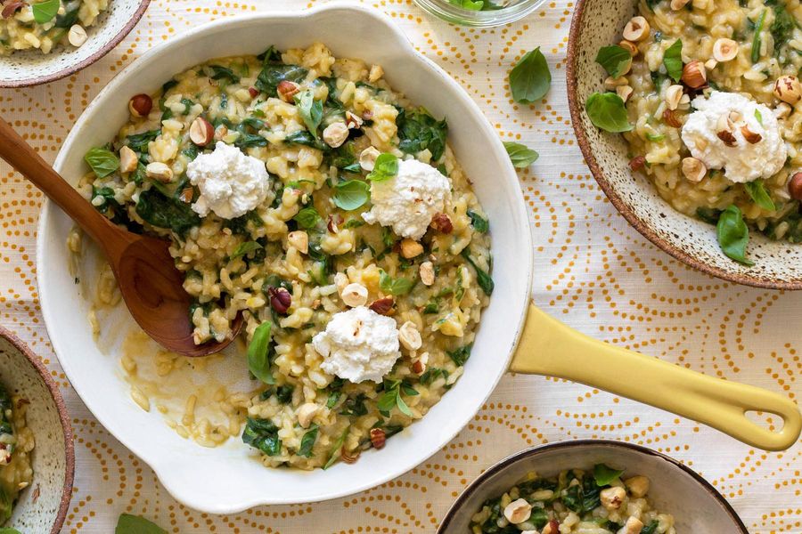 Spinach risotto with fresh ricotta and hazelnuts