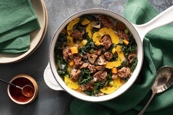 Autumnal turkey soup with delicata squash, kale, and Urfa chile oil