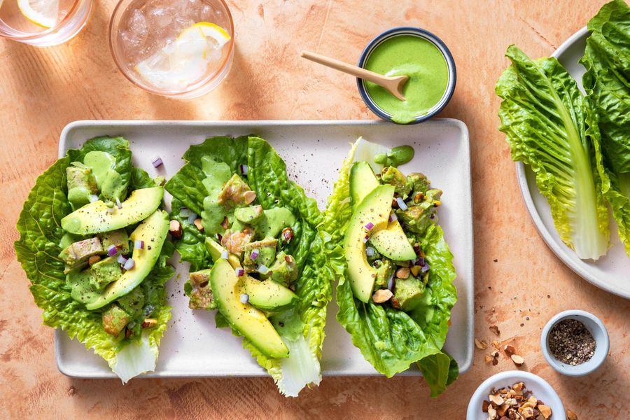 Green goddess chicken salad lettuce cups with roasted almonds