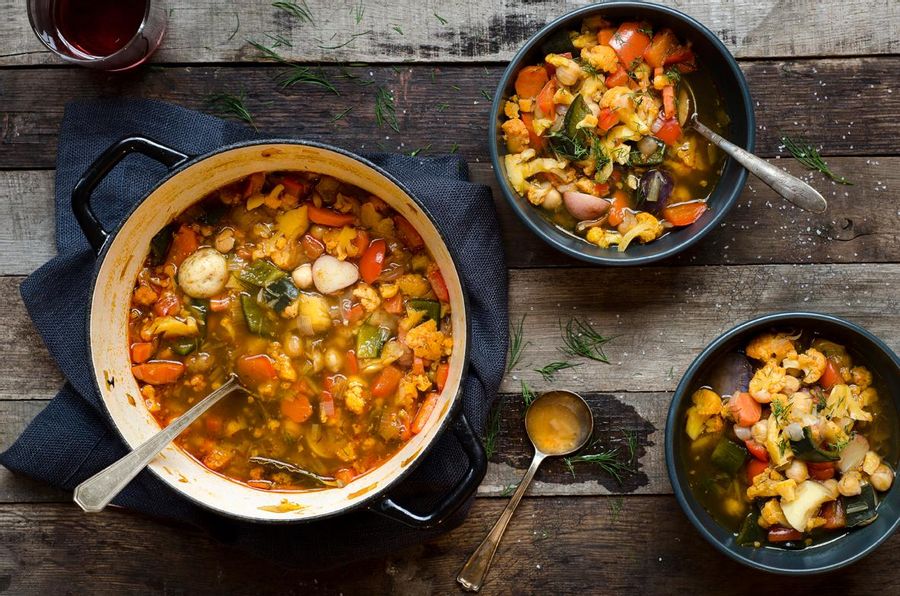 Spanish chickpea and cauliflower stew with black garlic