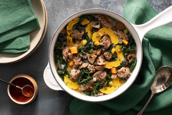 Autumnal turkey soup with delicata squash, kale, and Urfa chile oil