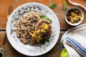 Turkey-zucchini burgers with apple-date chutney and rice pilaf