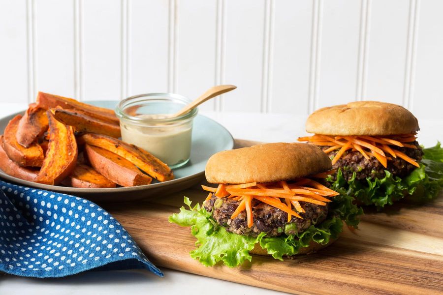 Black bean–quinoa burgers with sweet potato fries