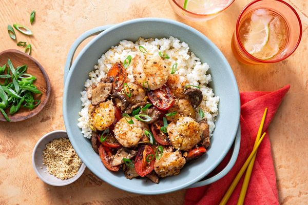 Braised tofu and shiitake stir-fry with black bean sauce over rice