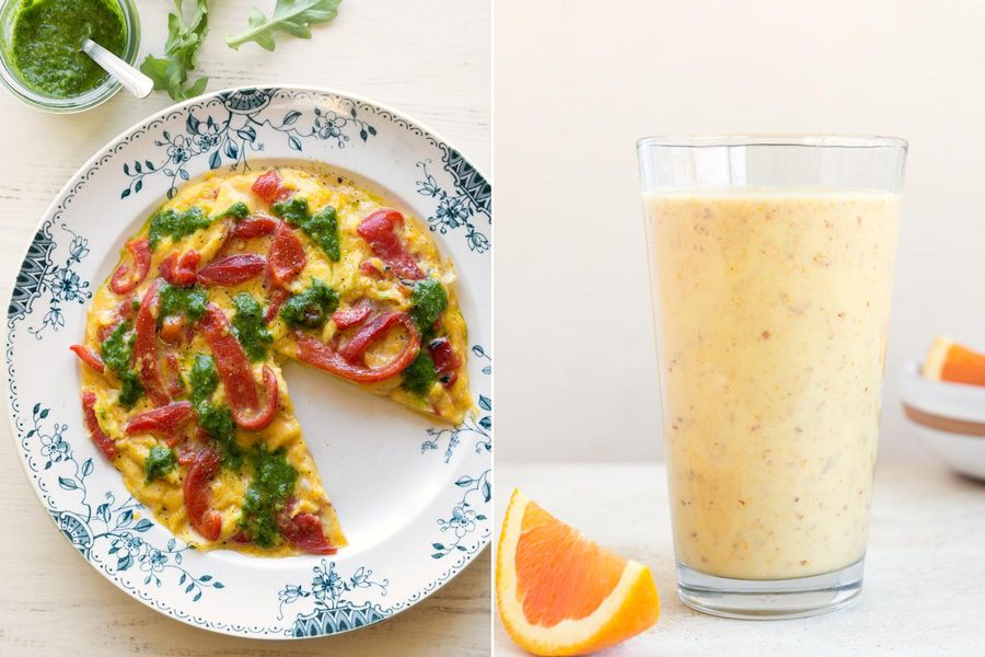 Red pepper frittata with arugula pesto & Orange-ginger smoothies