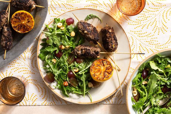 Greek souzoukaklia beef skewers with arugula-grape salad