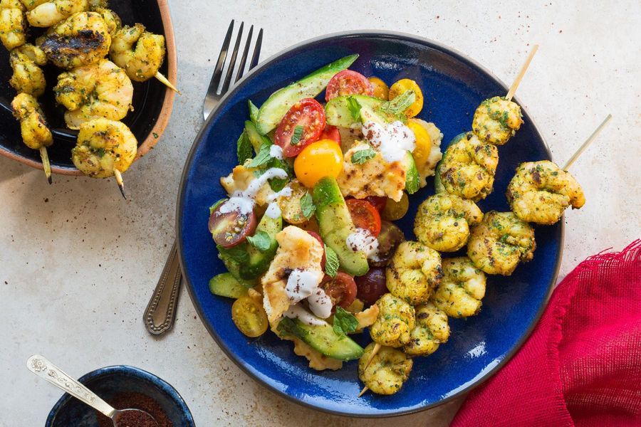 Yemeni grilled shrimp with fattoush salad