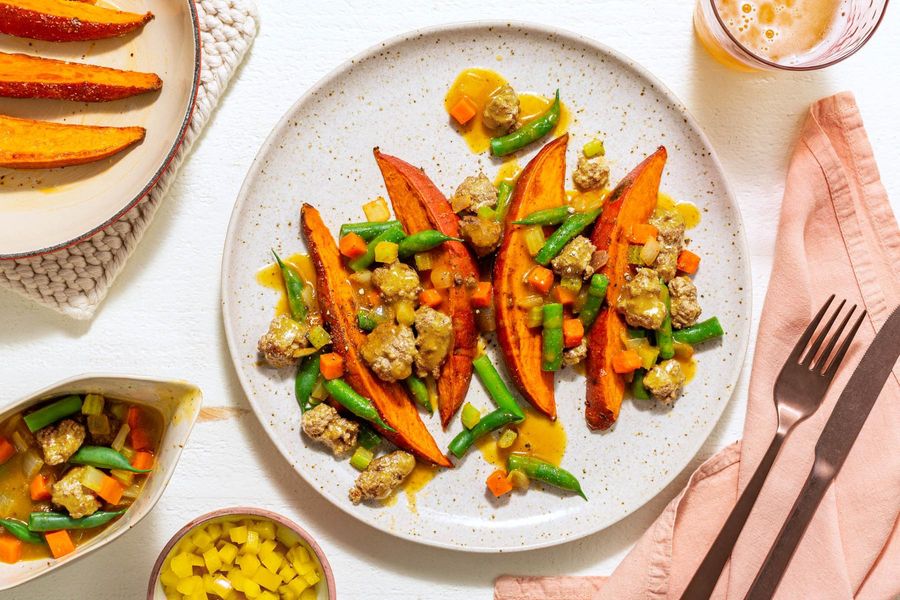 Sweet potato fries with your choice of protein and green bean gravy