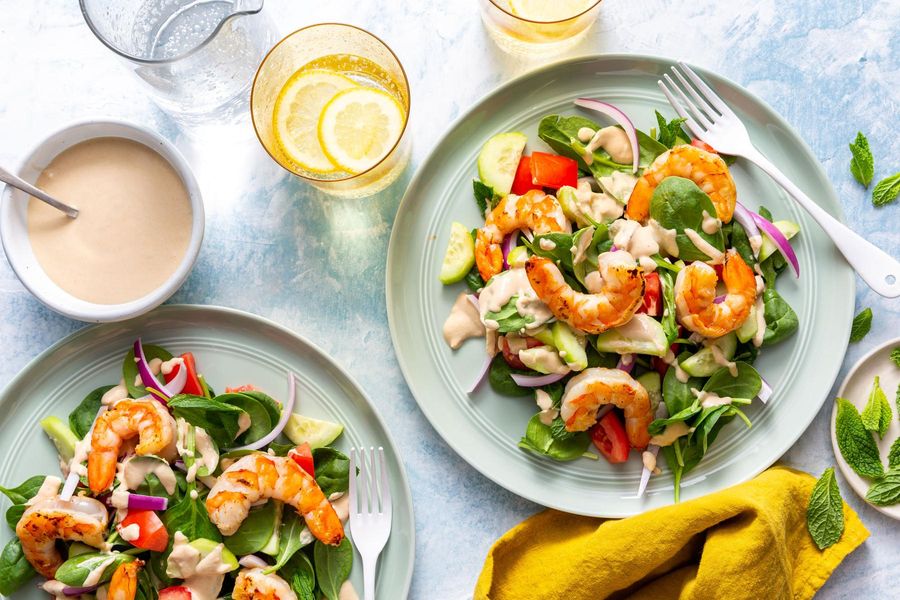 Greek salad with lemon-tahini dressing and your choice of protein