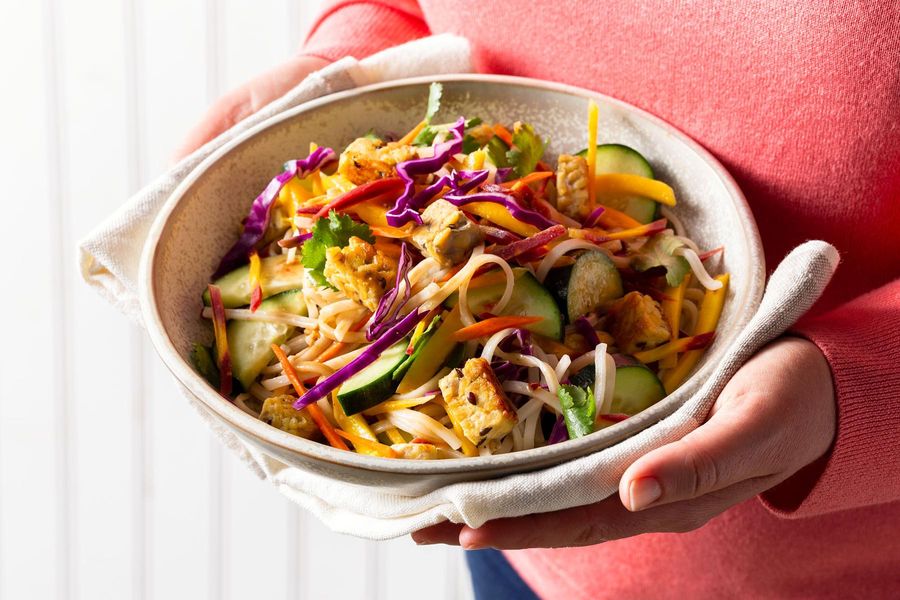 Rainbow rice noodle salad with tempeh and tamarind dressing
