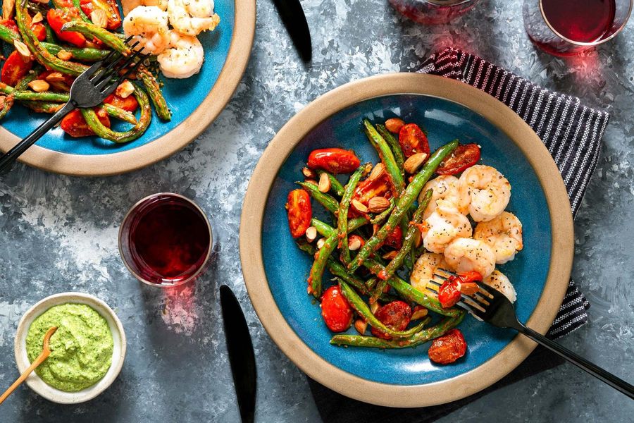 Spanish green beans, green romesco, and your choice of protein