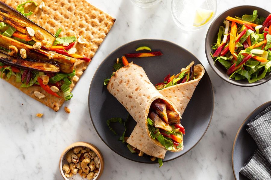 Sweet and sour eggplant wraps with spiced cashews and bok choy slaw