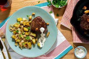 Black Angus steaks with garlic, root vegetables, and lemon aioli