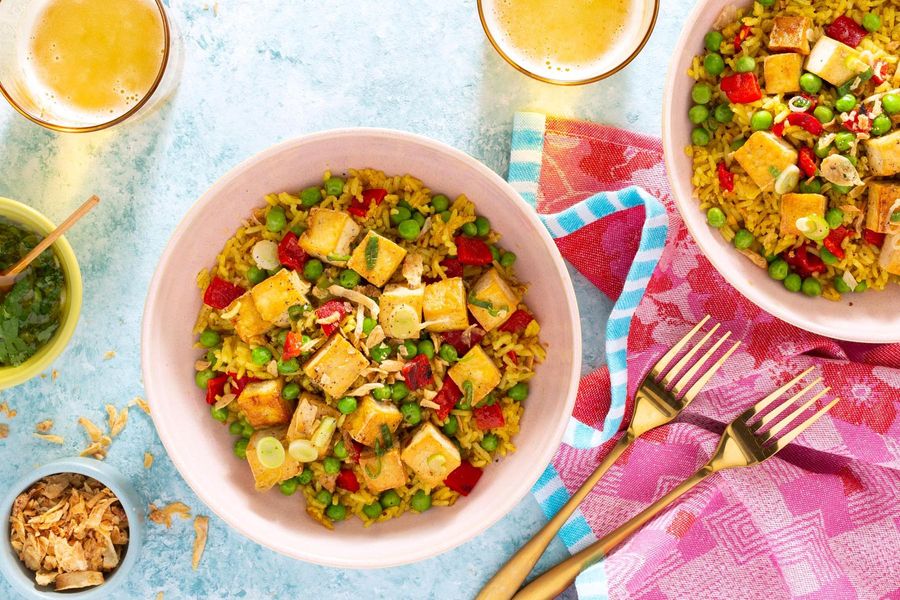 Biryani-style tofu fried rice with ginger chutney