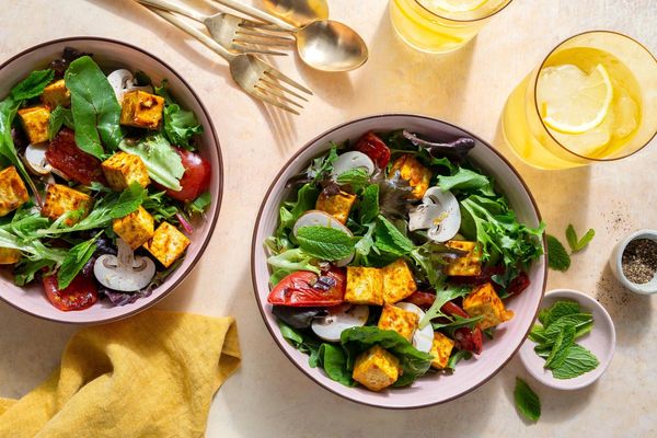 Turkey larb salad with mushrooms, tomatoes, and fresh mint