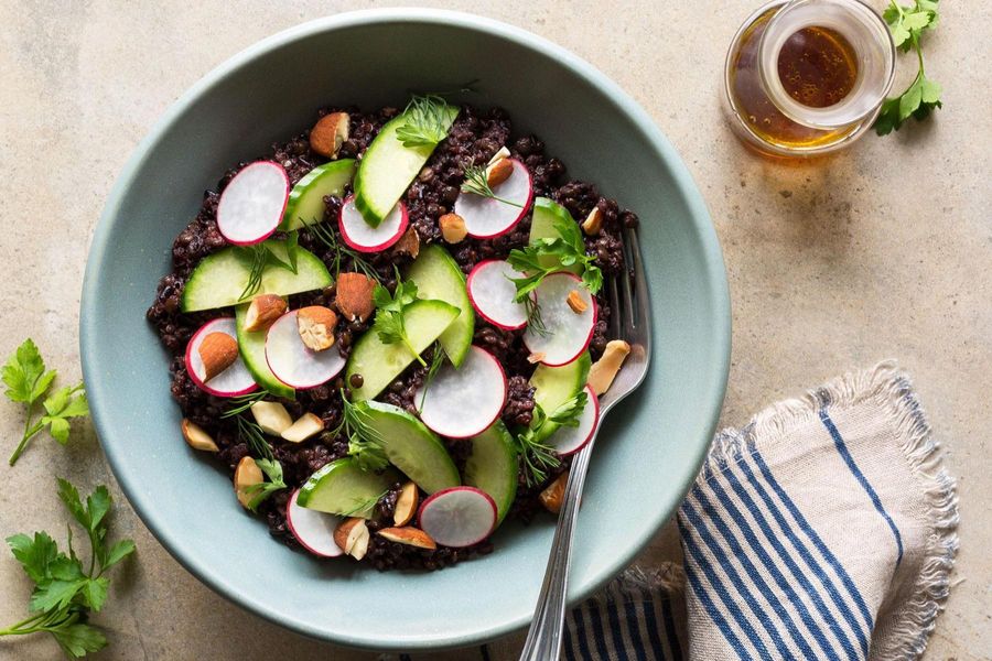 Forbidden rice, black lentil, and quinoa salad with fresh herbs