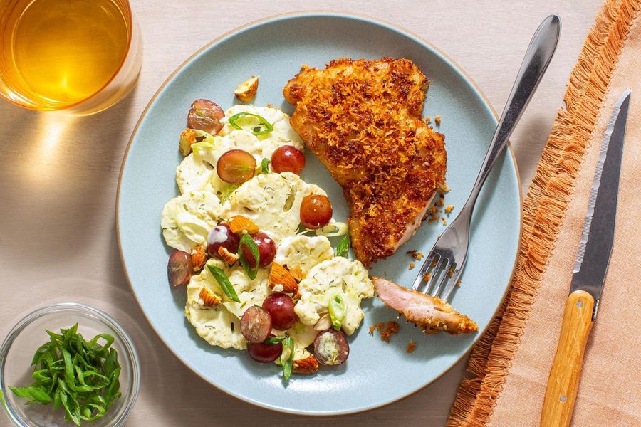 Coconut chicken and curried cauliflower salad with grapes and almonds