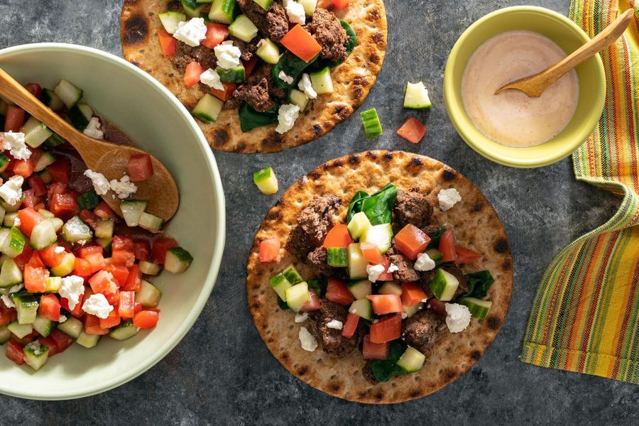 Lebanese beef and spinach "tacos" with spicy tahini yogurt