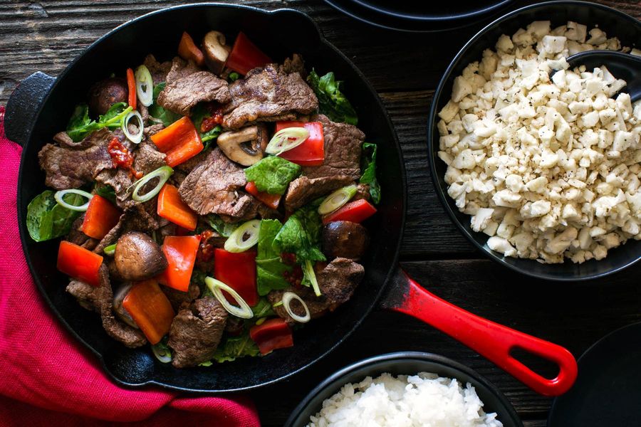 Chinese five-spice steak stir-fry with rice two ways