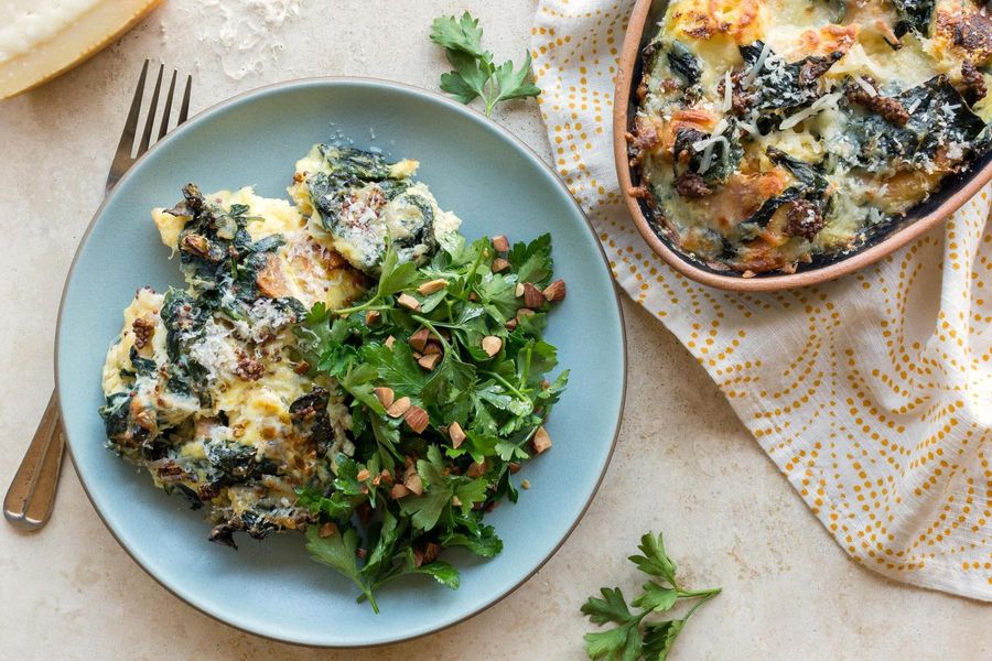 Spinach and kale strata with parsley salad