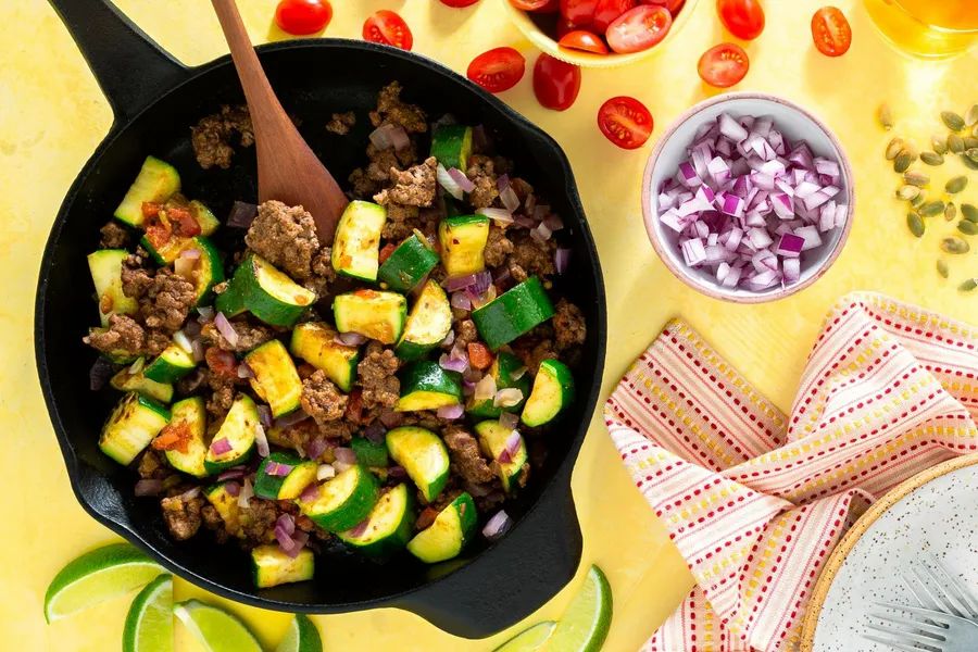 Tex-Mex skillet with mild green chiles, tomatoes, and zucchini