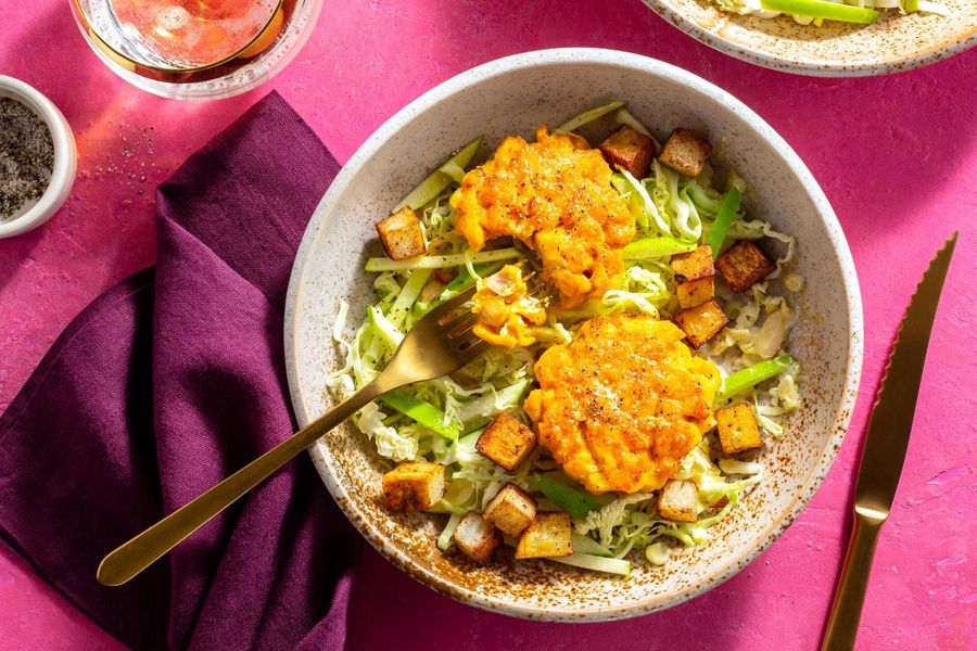 Lemongrass salmon cakes with apple slaw and five-spice potatoes