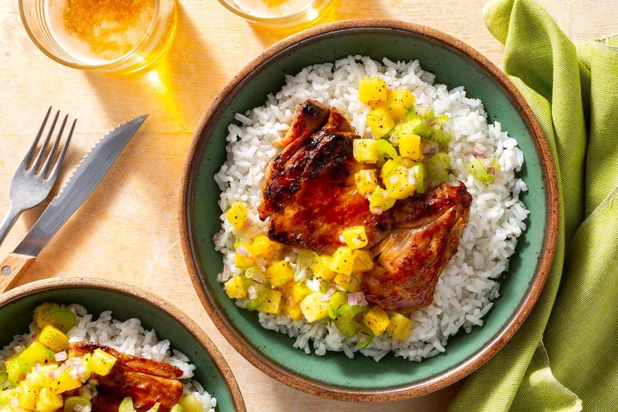 Huli huli chicken with pineapple and celery slaw