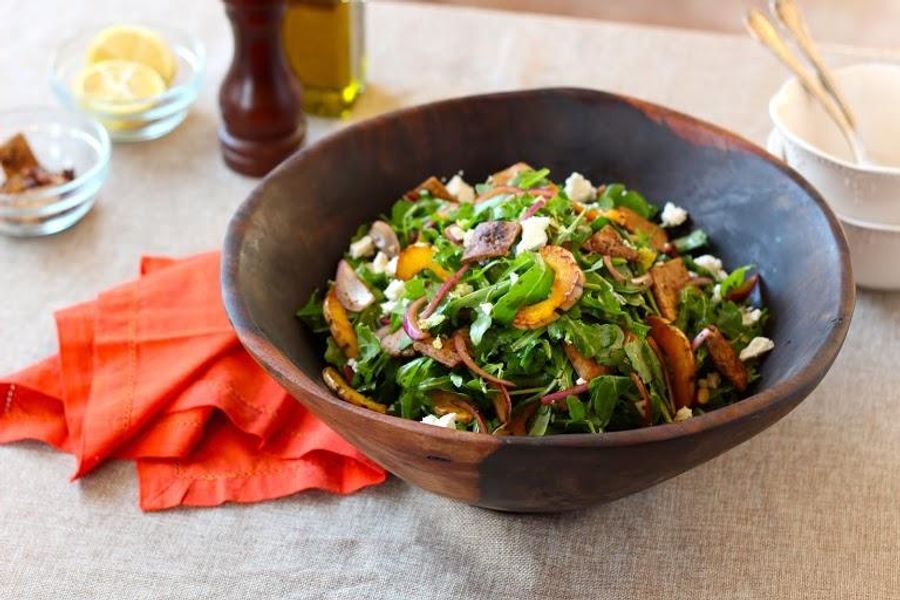 Delicata squash and arugula with feta, almonds and pita