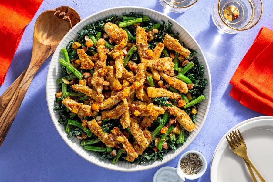 Sesame-crusted chicken with green beans and warm apricot vinaigrette
