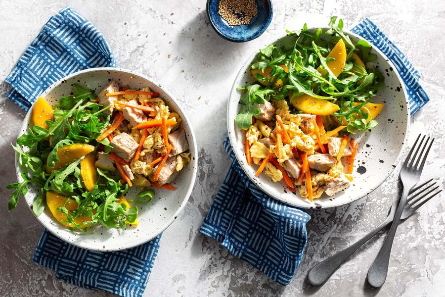 Okinawa flaked tuna and egg stir-fry with arugula-mango salad