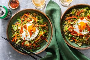 Ginger fried jade rice with bok choy, bell pepper, and runny eggs