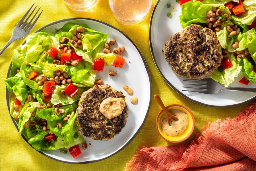 No-bun burgers with black-eyed pea salad