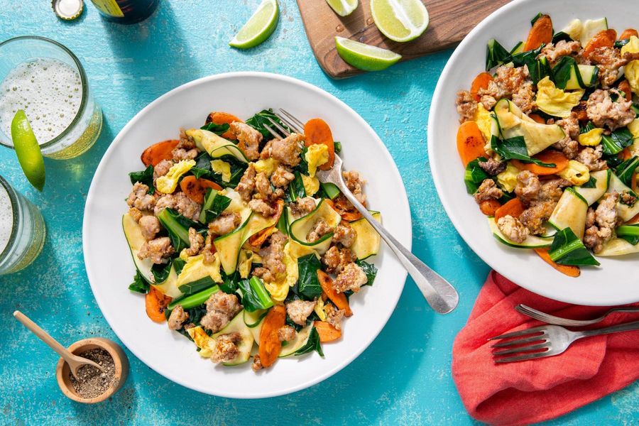 Thai pad see ew with “zoodles” and broccoli leaves