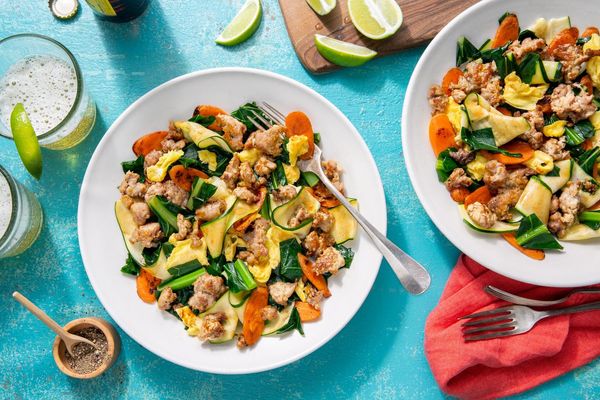 Thai turkey pad see ew with “zoodles” and broccoli leaves
