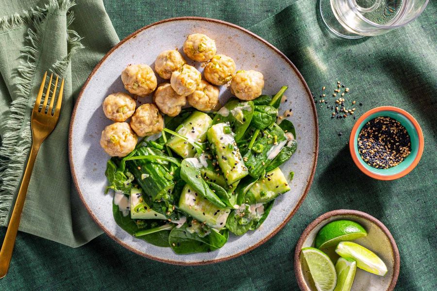Japanese tsukune meatballs with smashed cucumber salad