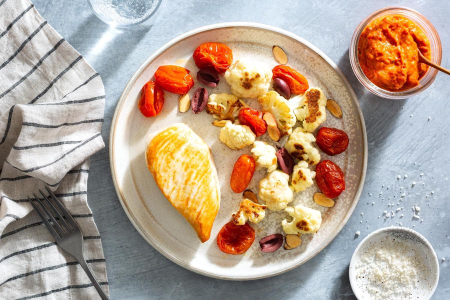 Your choice of protein with roasted red pepper ajvar and cauliflower