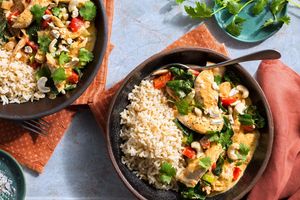 Senegalese chicken stew with brown rice and roasted cashews