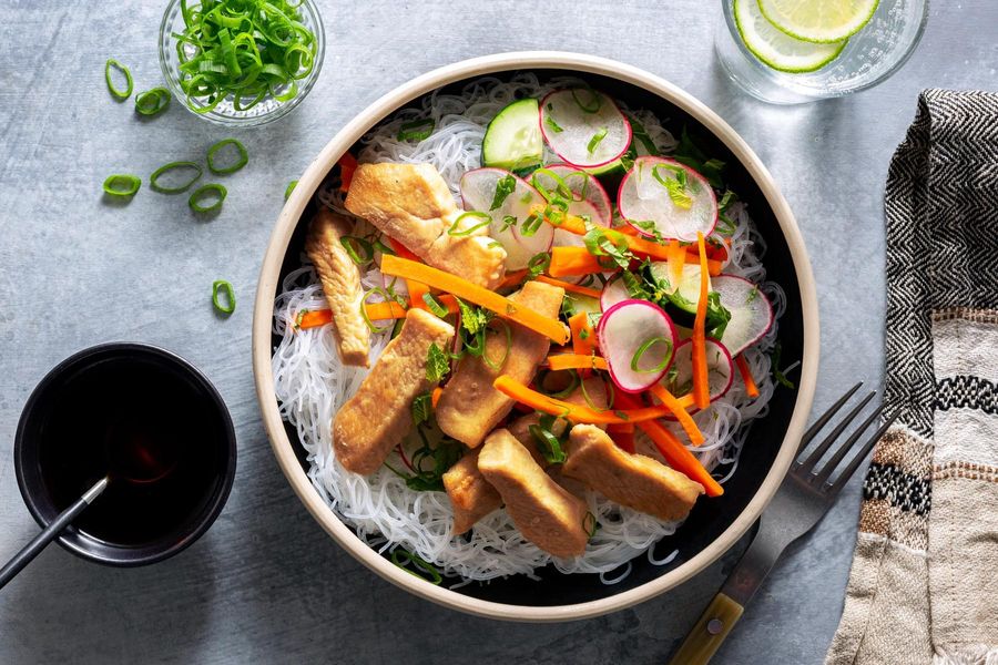 Saigon noodle bowls with cucumber-radish salad and scallion oil